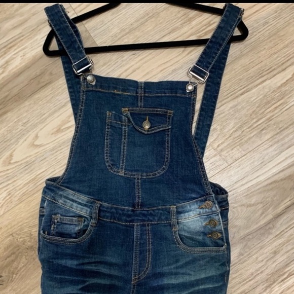 Machine Dark Wash Distressed Overalls Juniors Large - Picture 7 of 12